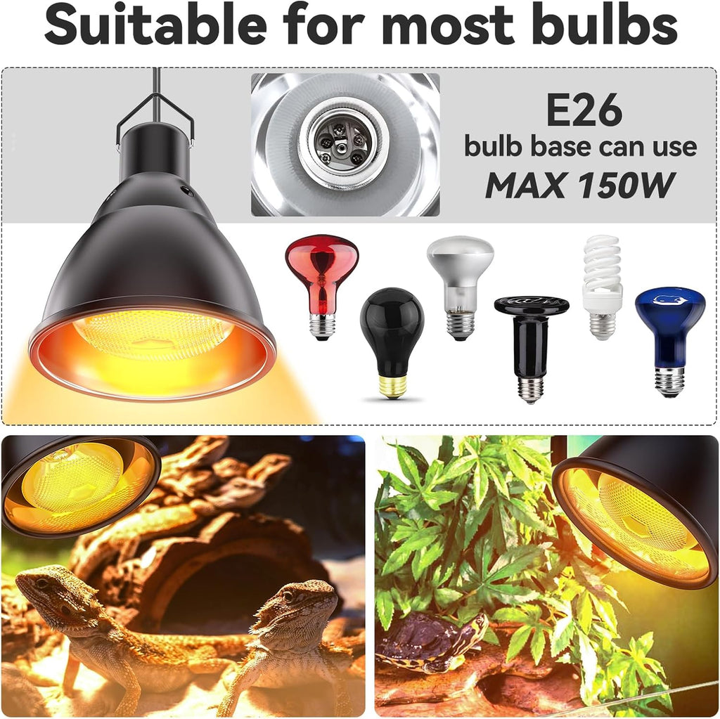 Reptile Light Fixture,7inch Deep Dome Reptile Light Fixture with 3/6/12 Timer,Infrared Reptile Heat Lamp Max 150W Blub, for Turtle Bearded Dragon Lizards Snake, 1PCS 150W Bulb Included