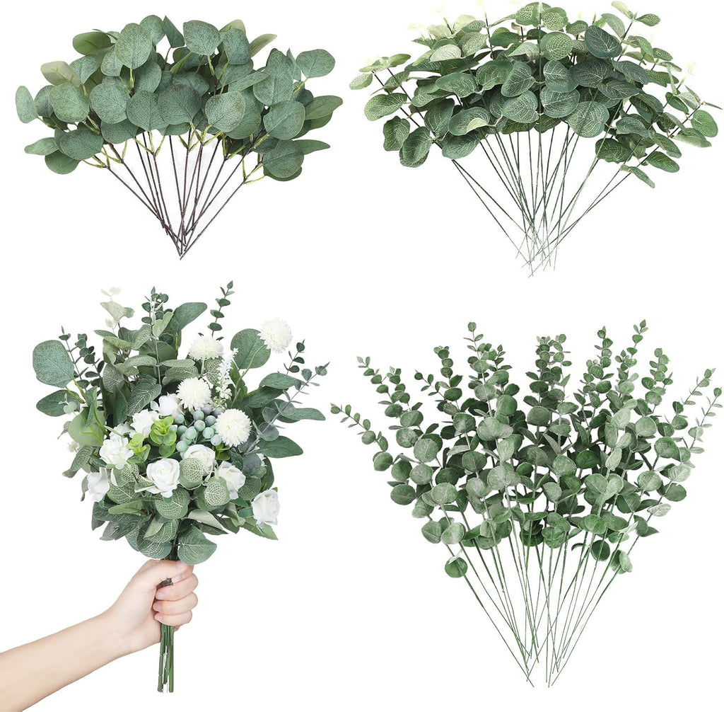 Giegxin 90 Pcs 3 Kinds Mixed Eucalyptus Leaves Stems Bulk Artificial Silver Dollar Leaves Picks Dried Eucalyptus Bundle Faux Spray for Wedding Vase Bouquet Floral Arrangement (Green)