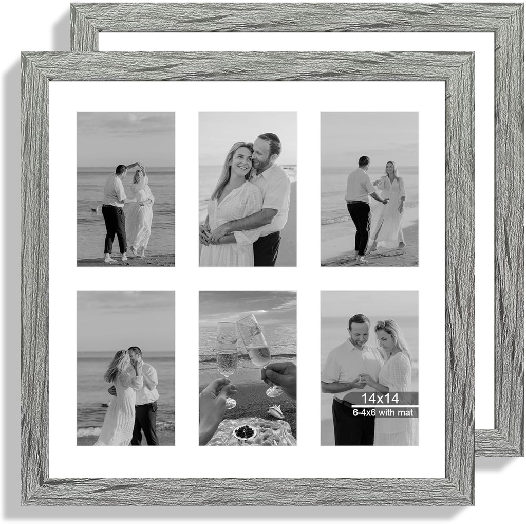 14x14 Picture Frame Set of 2, Grey with Glass Collage Frame, Display Photo Six Opening 4x6 With Mat or 14 x 14 Without Mat - Horizontal or Vertical Wall Mounting