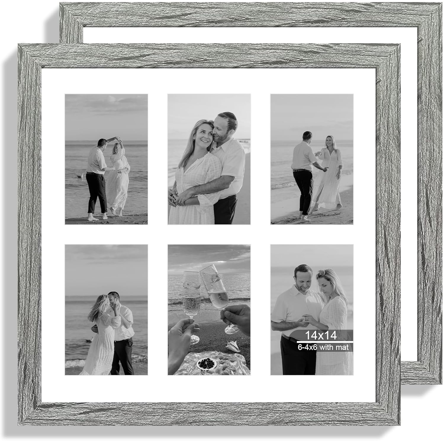 14x14 Picture Frame Set of 2, Grey with Glass Collage Frame, Display Photo Six Opening 4x6 With Mat or 14 x 14 Without Mat - Horizontal or Vertical Wall Mounting