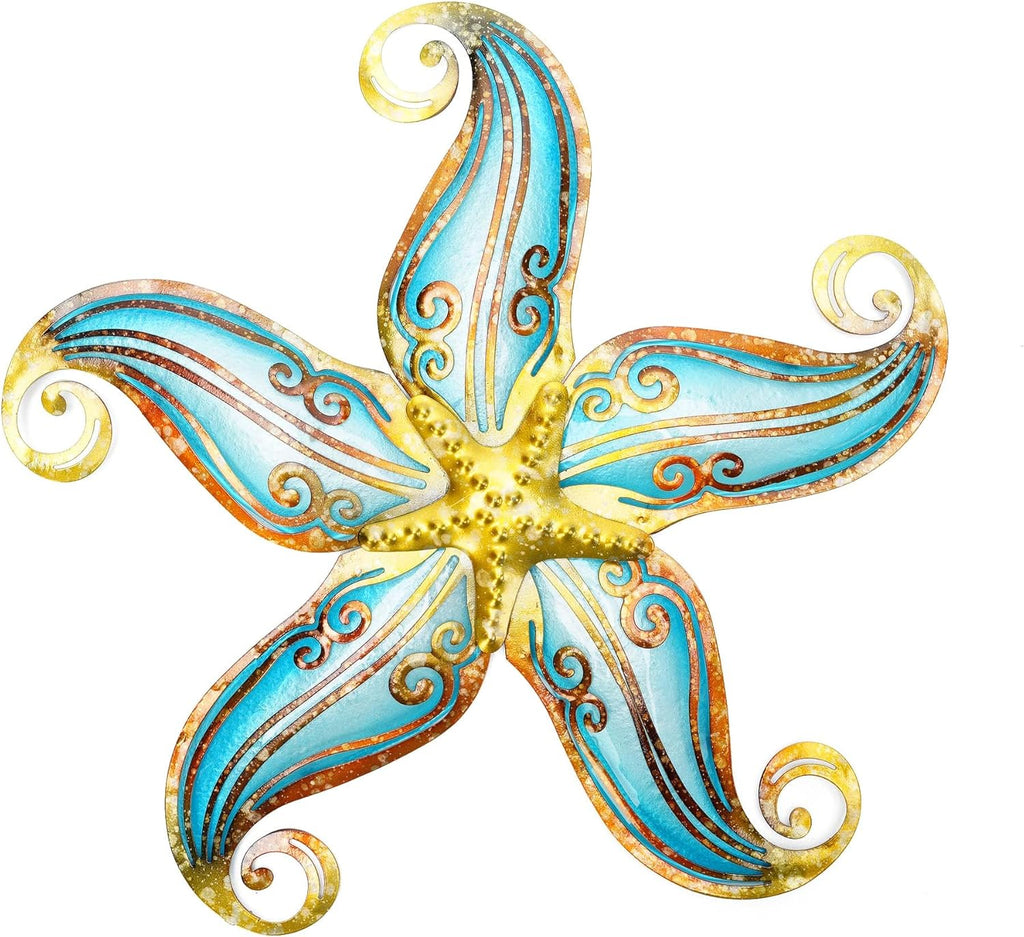 Metal Starfish Wall Decor, Sea Life Coastal Decorations 12 inch Starfish Wall Art, Nautical Home Decoration Handing Ocean Beach Wall Art for Garden,Fence,Home,Patio,Kitchen,Bathroom,(Blue)