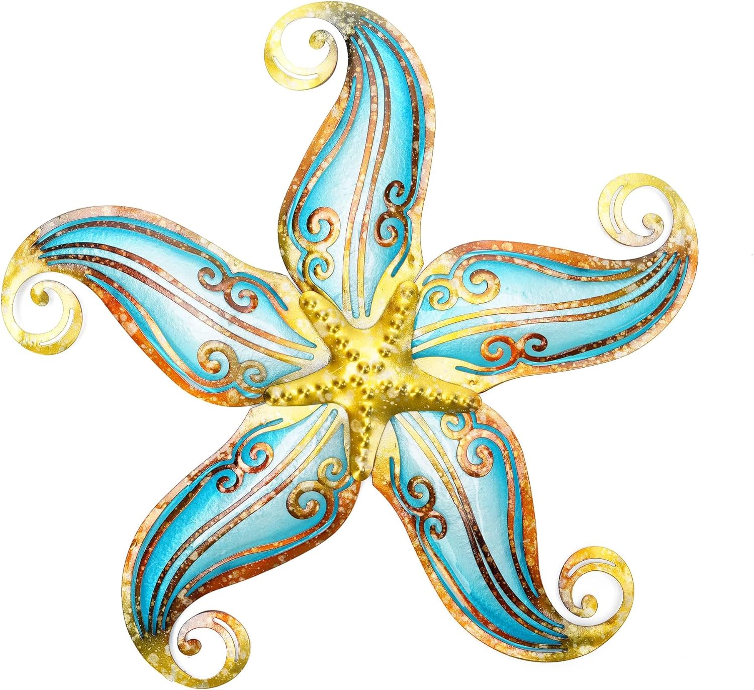 Metal Starfish Wall Decor, Sea Life Coastal Decorations 12 inch Starfish Wall Art, Nautical Home Decoration Handing Ocean Beach Wall Art for Garden,Fence,Home,Patio,Kitchen,Bathroom,(Blue)