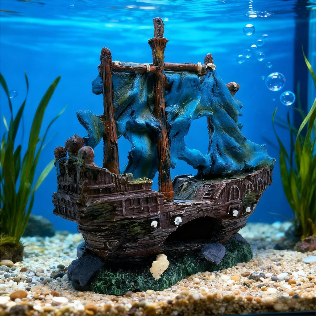 Blue Pirate Shipwreck Decoration for Aquariums, Fish Tank Ornaments, Fish Tank Hiding Place