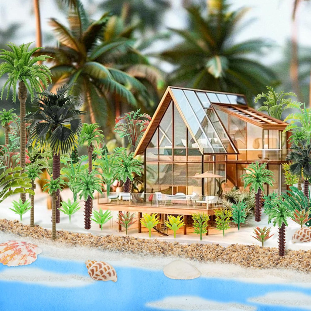 50PCS Mini Model Miniature Palm Trees Beach Coastal City Scenery Coconut Tree Rainforest with Sand and Shells, Architecture Fake Trees for DIY Crafts, Building Model, Scenery Landscape