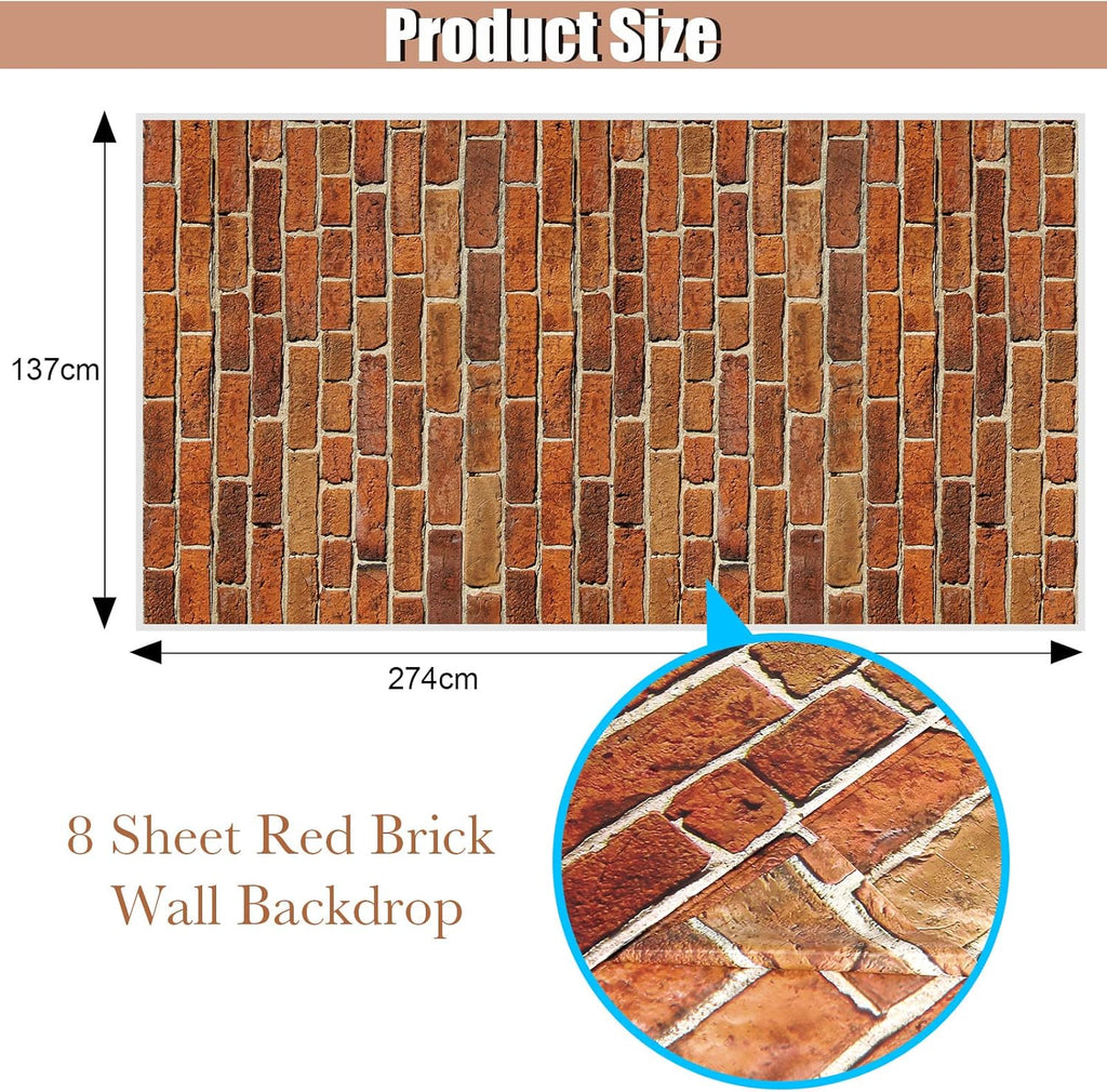 Chuangdi 8 Pcs 4.5 x 9 Feet Brick Wall Backdrop Tablecloth Christmas Stone Wallpaper Removable Wall Scene Setter Background for Medieval Castle Winter Holiday Party Decoration(Retro Red)