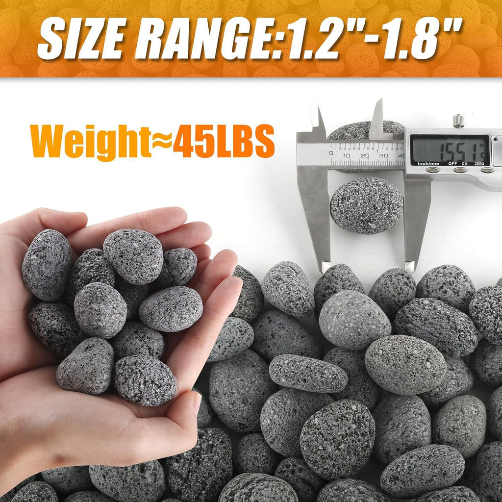 CJGQ 45 Lb Lava Rocks for Fire Pit,1"-2" Natural Pebbles Tumbled Lava Rock,Round Fire Pit Rocks for Portable Fireplaces Propane Gas Fish Tank Landscaping Garden Decoration