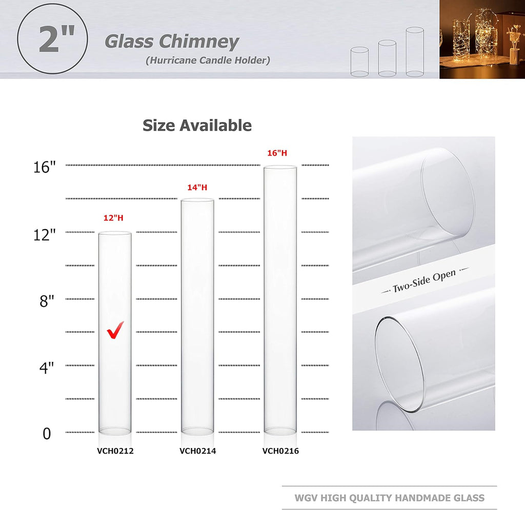 WGVI Hurricane Candle Holder Sleeve, Wide 2", Height 12", Clear Glass Cylinder Candleholder, Chimney Tube, Open Ended Candle Shade, 1 Piece (HST0212_1)