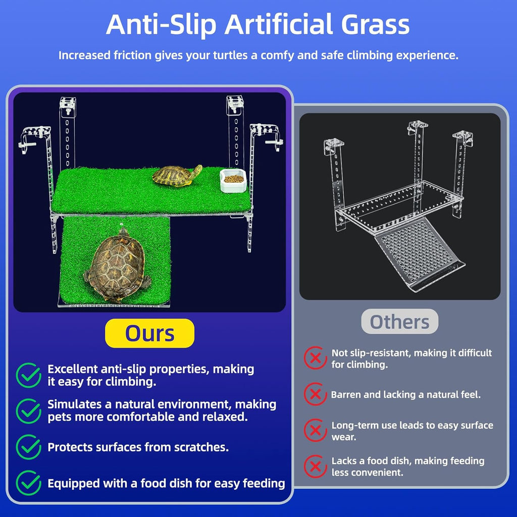 Adjustable Hanging Turtle Dock with Anti-Slip Artificial Grass Basking Platform Sturdy Acrylic Ramp for Aquatic Turtles, Compatible with Various Tank Sizes, Easy Setup (Transparent, 11x5.8 Inch)