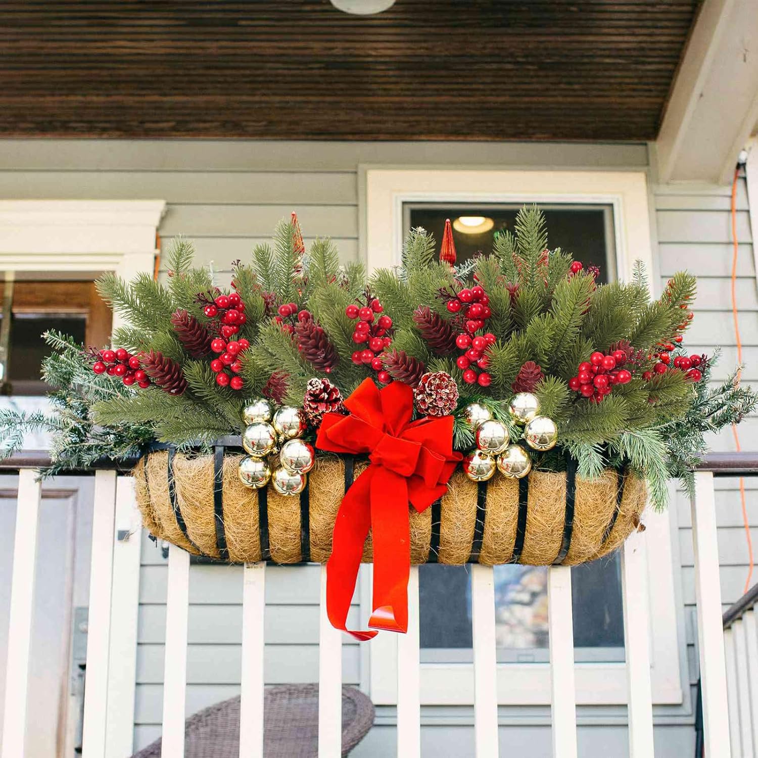 RECUTMS Artificial Pine Branches with Cones and Artificial Red Berry Stems Fake Pine Branch for Decorating Faux Branches Faux Greenery for Table Fireplace Bar Party Holiday Decor in 8 Pcs（Green）