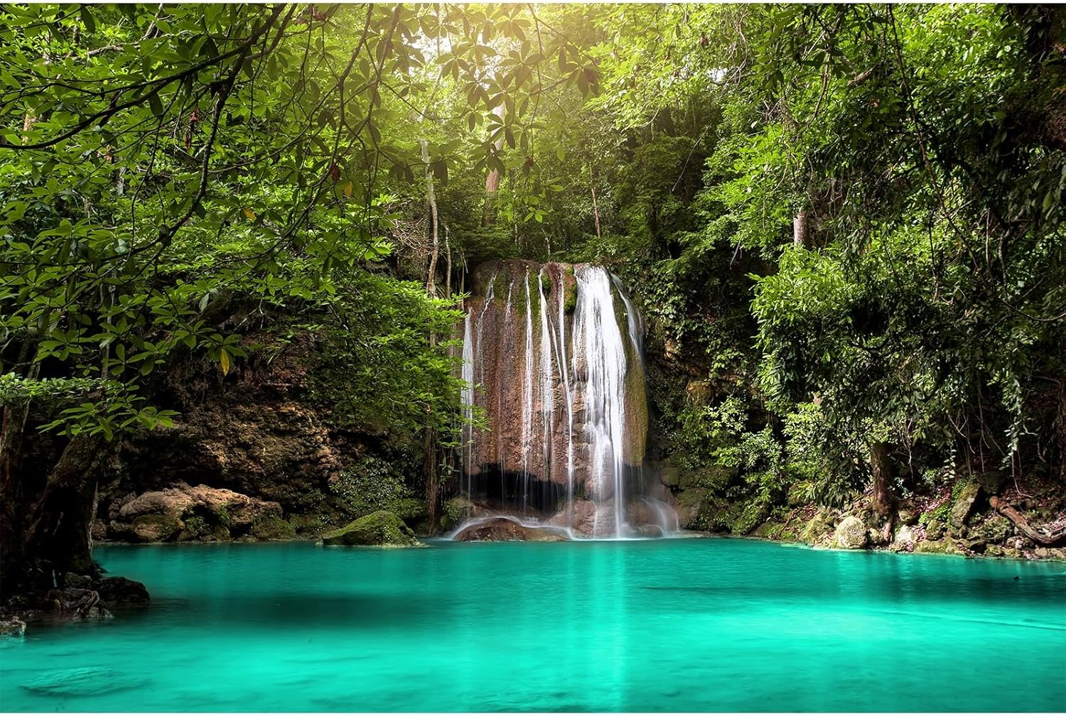 Jungle Waterfall Aquarium Background Lush Green Rainforest Rocks Terrarium Background Falls Green Plants Natural Landscape Fish Tank Background Lake Stream Waterfall Reptile Background 36x18in
