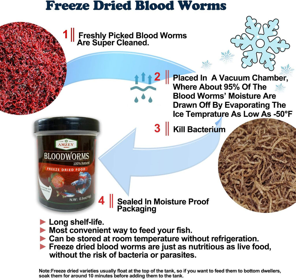 Amzey Blood Worms 0.5 oz -100% Natural Freeze Dried Blood Worms - Aquarium High Protein Food for Betta Fish, Goldfish, Cichlid, Guppy, Discus, Turtle