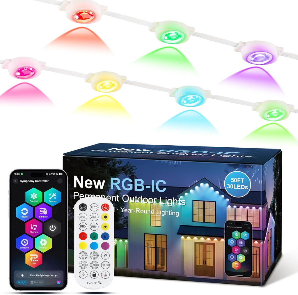 Permanent Christmas Lights Outdoor, 30 LED 50ft Color Changing Light with Remote and APP Control, Smart RGB String Lights Plug in for Eaves, Roof, Xmas, House, Holiday, Party Decor