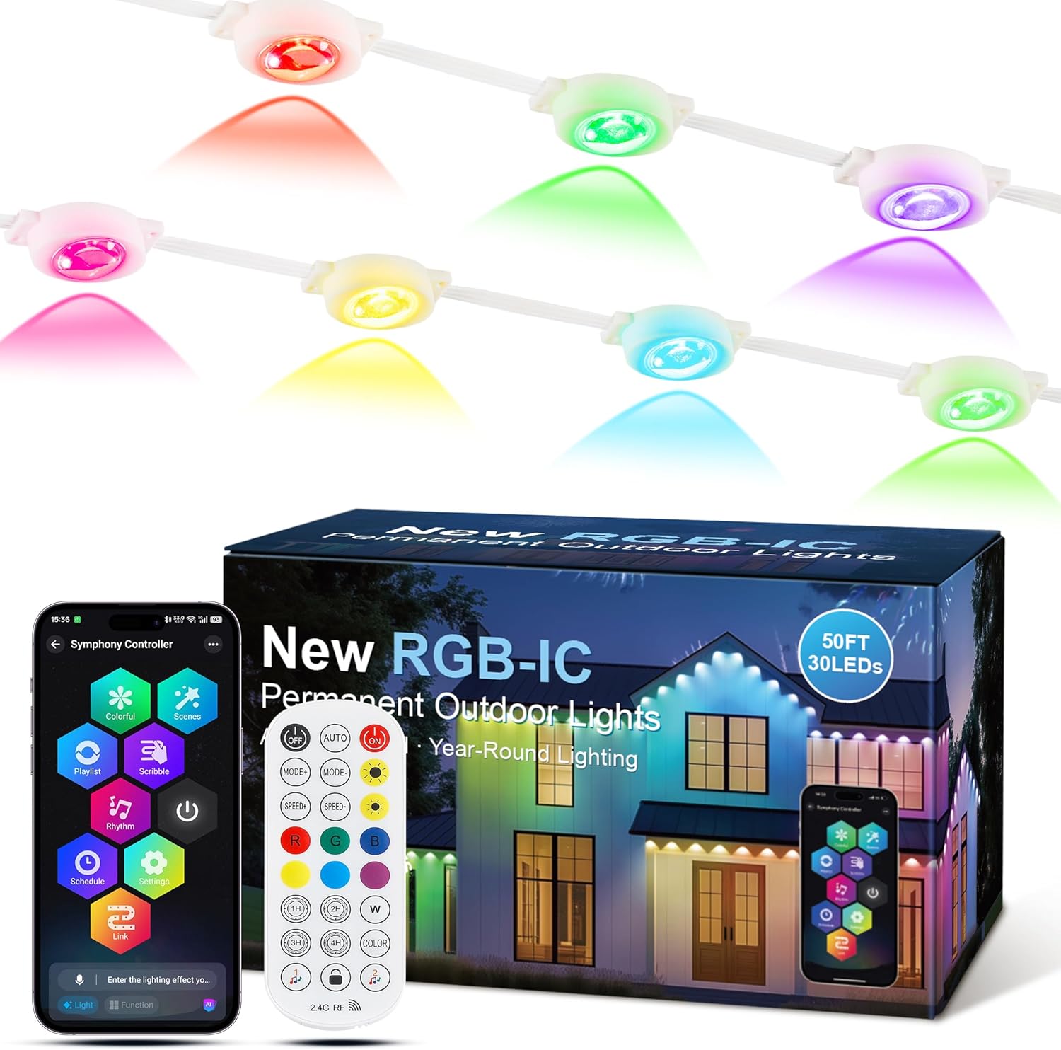 Permanent Christmas Lights Outdoor, 30 LED 50ft Color Changing Light with Remote and APP Control, Smart RGB String Lights Plug in for Eaves, Roof, Xmas, House, Holiday, Party Decor
