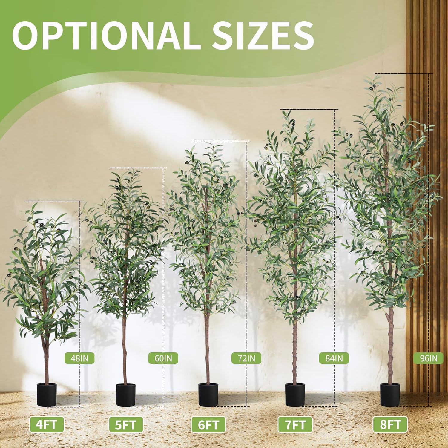 Artificial Olive Tree, 8FT Tall Faux Olive Trees 96in Outdoor Fake Potted Silk Plant with Trunk and Realistic 1574 Leaves and 48 Fruits for Modern Office Home Decor Indoor（1pack）