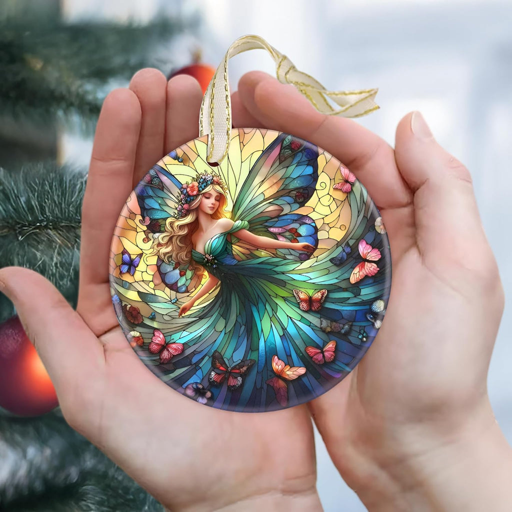 Beautiful Fairy Christmas Tree Ornament - Christmas Decoration, Round Ceramic, Holiday Decor, Gift Idea for Friends