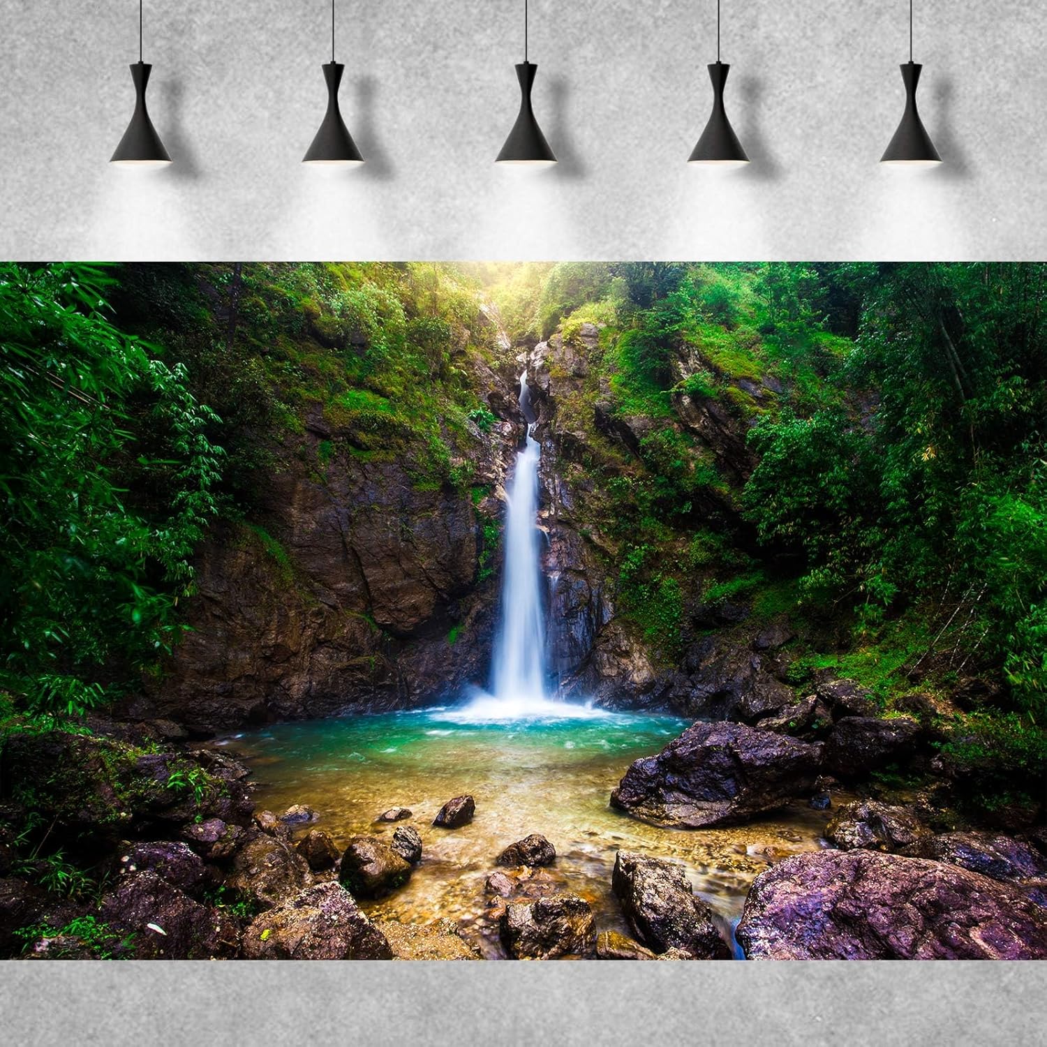 Waterfall Aquarium Background Deep Forest Natural Landscape Terrarium Background Falls Green Jungle Plants Huge Rocks Fish Tank Background Waterfall Rock Reptile Habitat Background Vinyl 24x12in