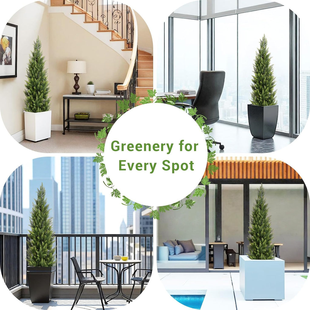5FT Artificial Cedar Christmas Topiary Trees Set of 2 - Realistic Faux Cypress Plants UV Resistant for Outdoor Planter, Fake Bushes & Shrubs for Porch Front Door Outside UV Rated, 5 Feet Tall, 2 Pack