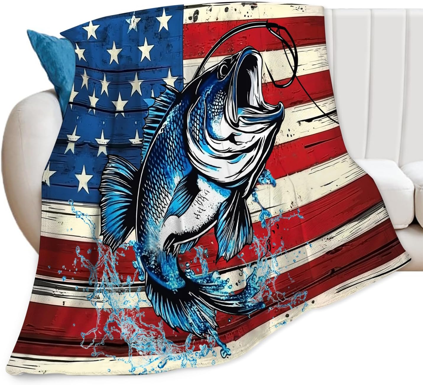 Bass Fish Blanket American Flag Fishing Throw Blankets Gifts for Girls Boys Kids Fishing Lover Soft Cozy Fleece Plush for Couch Sofa Bed 60"x50"