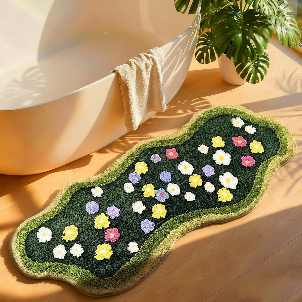 Aesthetic 3D Moss Rug, Super Absorbent Non-Slip Microfiber Grass Mat for Playroom, Irregular Shaped Green Carpet for Forest Bath Mat, Circle Cute Tufted Area Rug Trendy Rugs for Bedroom 48 x 24 in