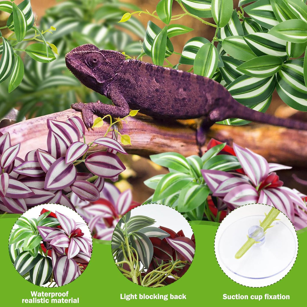 2 Pack Reptile Plants, Artificial Hanging Plants with Suction Cups, Habitat Decor Plastic Vines Decorations for Bearded Dragons Lizards Snake Geckos Frogs -Purple and Green