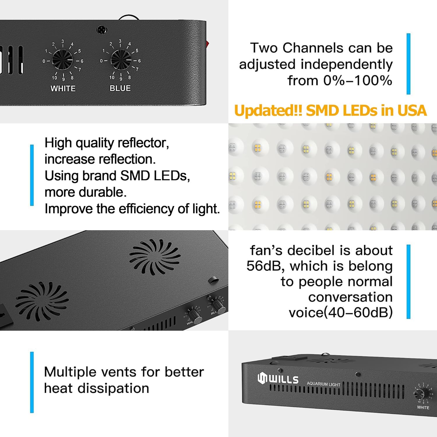 WILLS Aquarium Light, Full Spectrum Reef Lights for Coral with Dual Dimmable Channels, 55 Premium SMD Chips, Daisy Chain Design, Hanging Saltwater Fish Tank Light for SPS/LPS Coral Reef (165W/Black)
