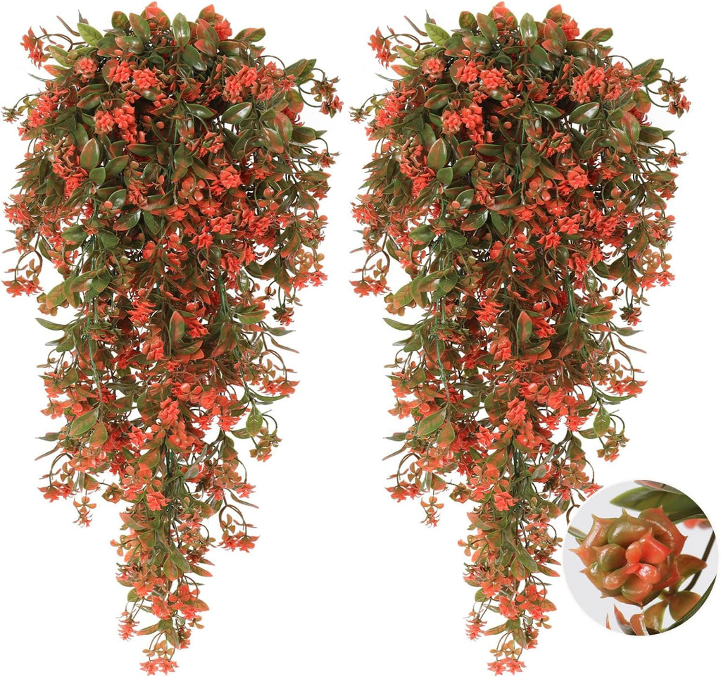 RECUTMS 2Pcs Fake Fall Plastic Outdoor Flowers Artificial Fall Hanging Plants Faux Greenery Vine Plant for Indoor Room Front Door Garden Porch Patio Wedding Party Decorations (Autumn Red)