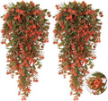 RECUTMS 2Pcs Fake Fall Plastic Outdoor Flowers Artificial Fall Hanging Plants Faux Greenery Vine Plant for Indoor Room Front Door Garden Porch Patio Wedding Party Decorations (Autumn Red)