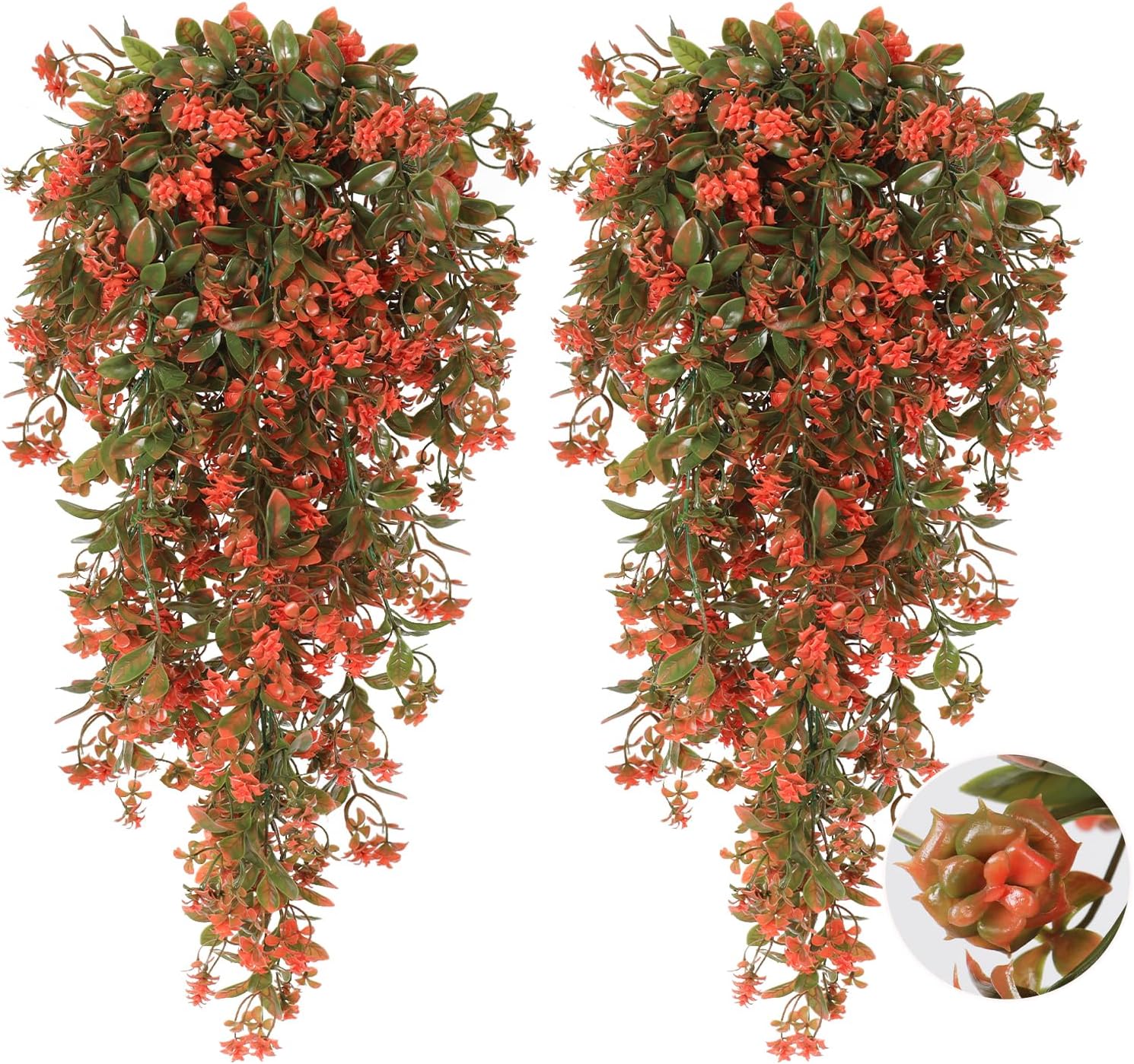 RECUTMS 2Pcs Fake Fall Plastic Outdoor Flowers Artificial Fall Hanging Plants Faux Greenery Vine Plant for Indoor Room Front Door Garden Porch Patio Wedding Party Decorations (Autumn Red)