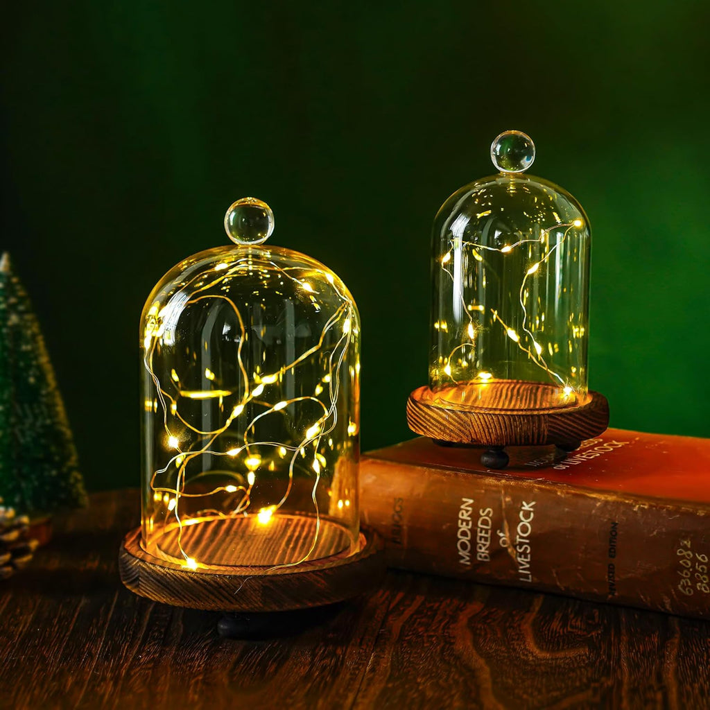 ZEERSHEE Pack 2 Clear Glass Dome with Wooden Base Glass Display Cloche Bell Shape Dome for Antique Collectibles Specimens Plants Dustproof Christmas Gift for Women（3.7*6.4in,3*5.6in