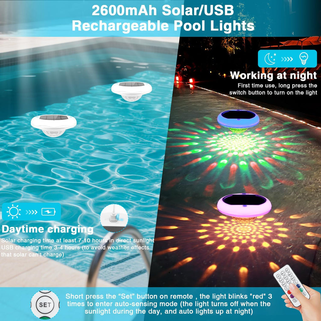 Solar Floating Pool Lights, 2600mAh USB Rechargeable Pool Lights That Float with Remote, 6.7’’ IP68 Waterproof Floating Light, 13 Colors Changing Upper and Lower Glow Hangable Solar Light for 4 PACK