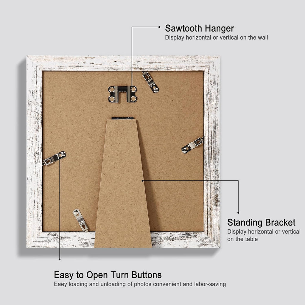 8x8 Picture Frames Set of 4, Made of Glass and Distressed White Wooden Frame - Display Picture 6x6 with Mat or 8 x 8 Without Mat, 8 by 8 Photo for Wall or Tabletop