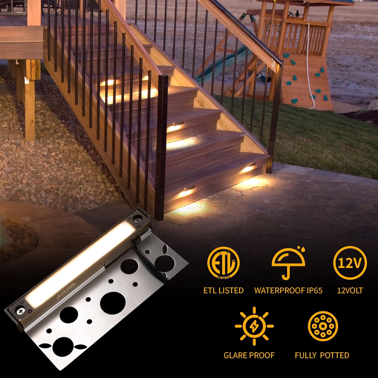 Gardenreet LED Hardscape Light,Cast Brass Housing,Integrated 3W 3000K Light Source, LED Step Light, 7 Inches Long,Low Voltage 12V AC/DC(6 Pack)