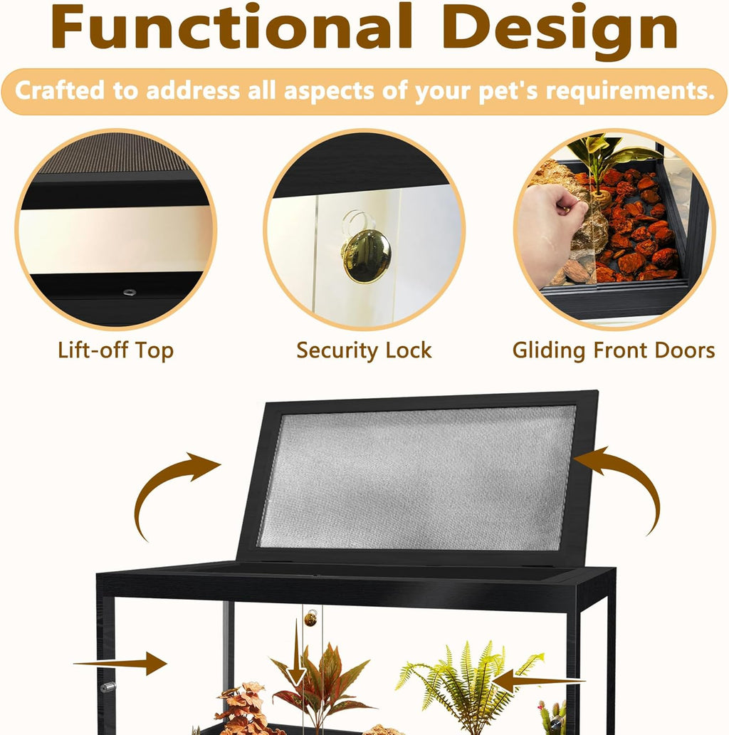 PROLEE Bearded Dragon Tank,81 Gallon Reptile Tank with Meatl Mesh Roof and Front Sliding Door, Lizard Tank,Spacious Reptile Enclosure for Snakes,Lguanas, Chameleons (Black)