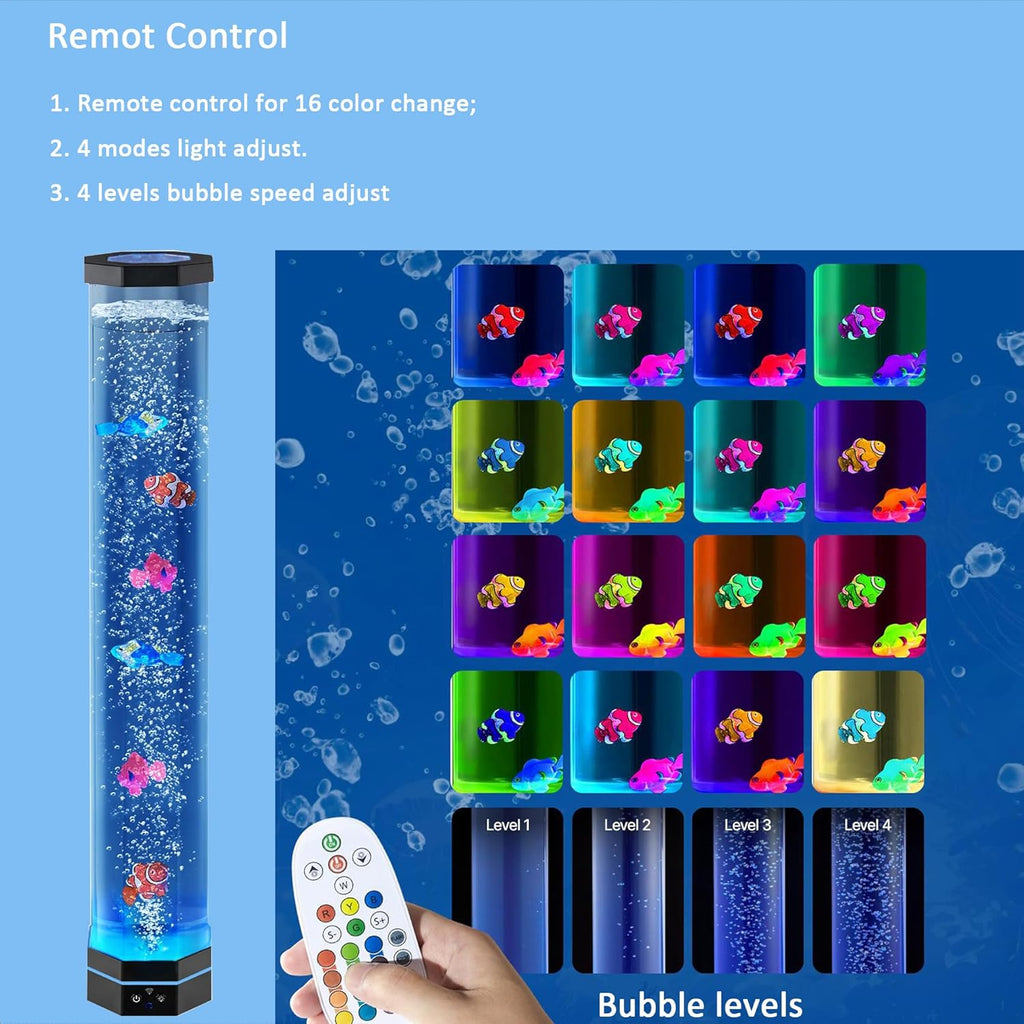 32'‘Extra Large Octagonal Bubble Aquarium Light,5’'Wide Sensory Tube with 5 Fish and Sharks,Stable 14cm Base,16 Color Variable Night Lights,Remote Control USB Powered,For Home and Office Decoration