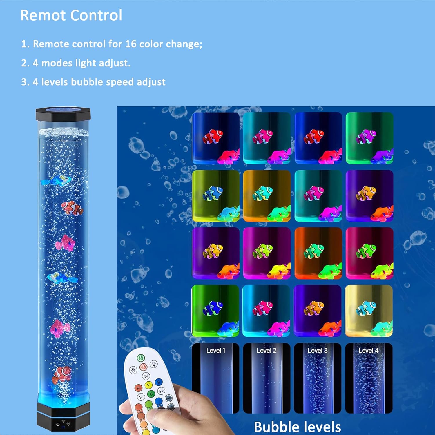 32'‘Extra Large Octagonal Bubble Aquarium Light,5’'Wide Sensory Tube with 5 Fish and Sharks,Stable 14cm Base,16 Color Variable Night Lights,Remote Control USB Powered,For Home and Office Decoration