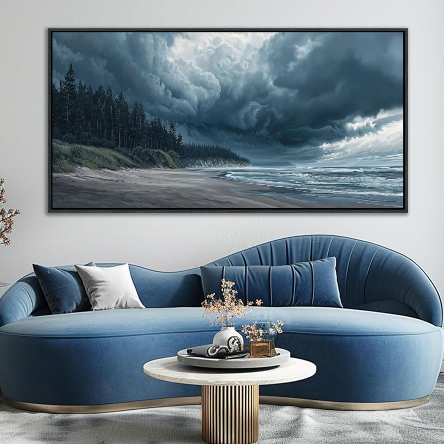 YDYSUNE Beach Wall Art Largr Canvas Decor Ocean Painting Navy Blue Picture Artwork Modern Seascape Storm Forest Decoration Framed for Living Room Bedroom Home Office Decor Size 24x48 Inches