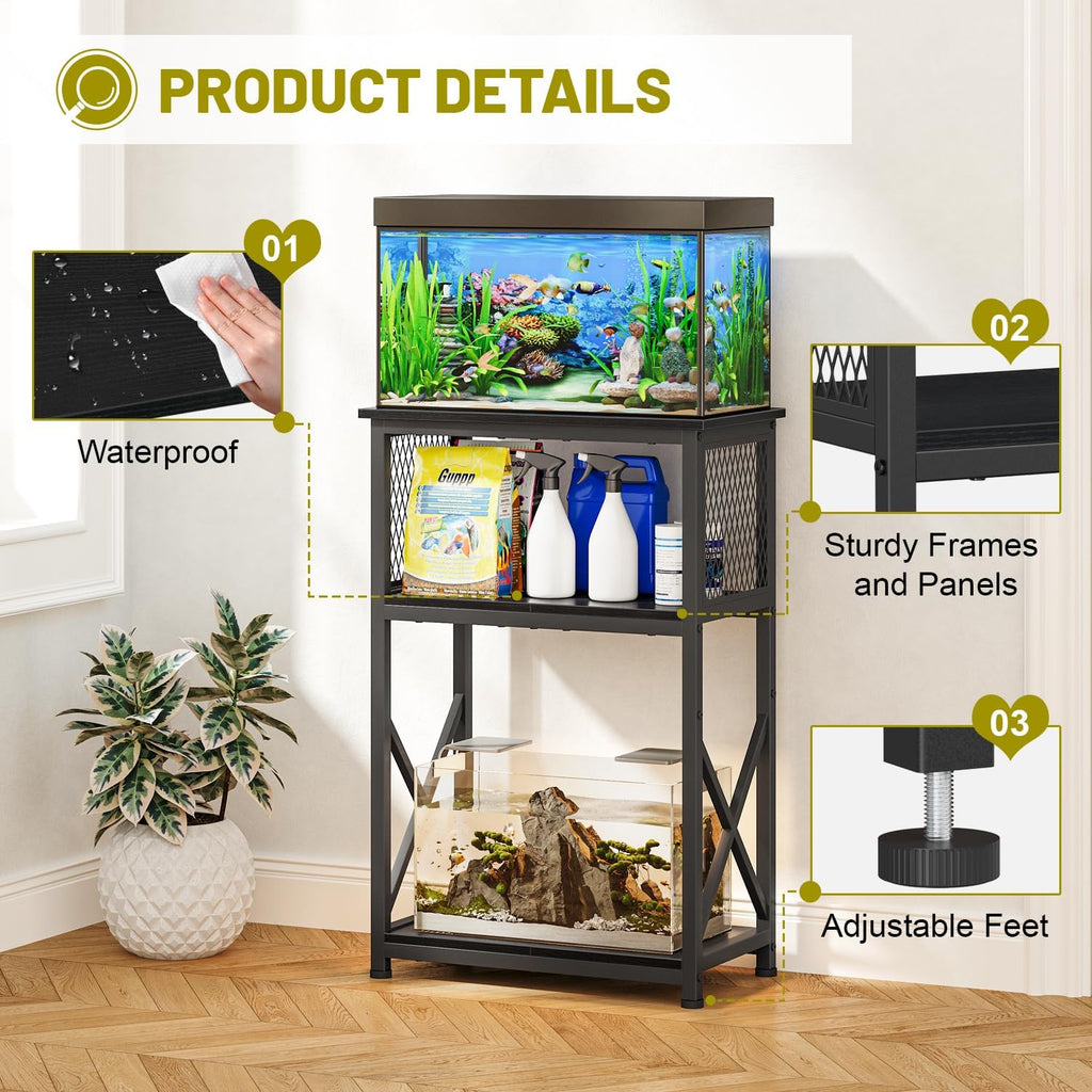 Snughome 10 Gallon Aquarium Stand with Storage, 3 Tier Heavy Metal Fish Tank Stand Shelf 20.47" x 11.42" x 30.91", Black