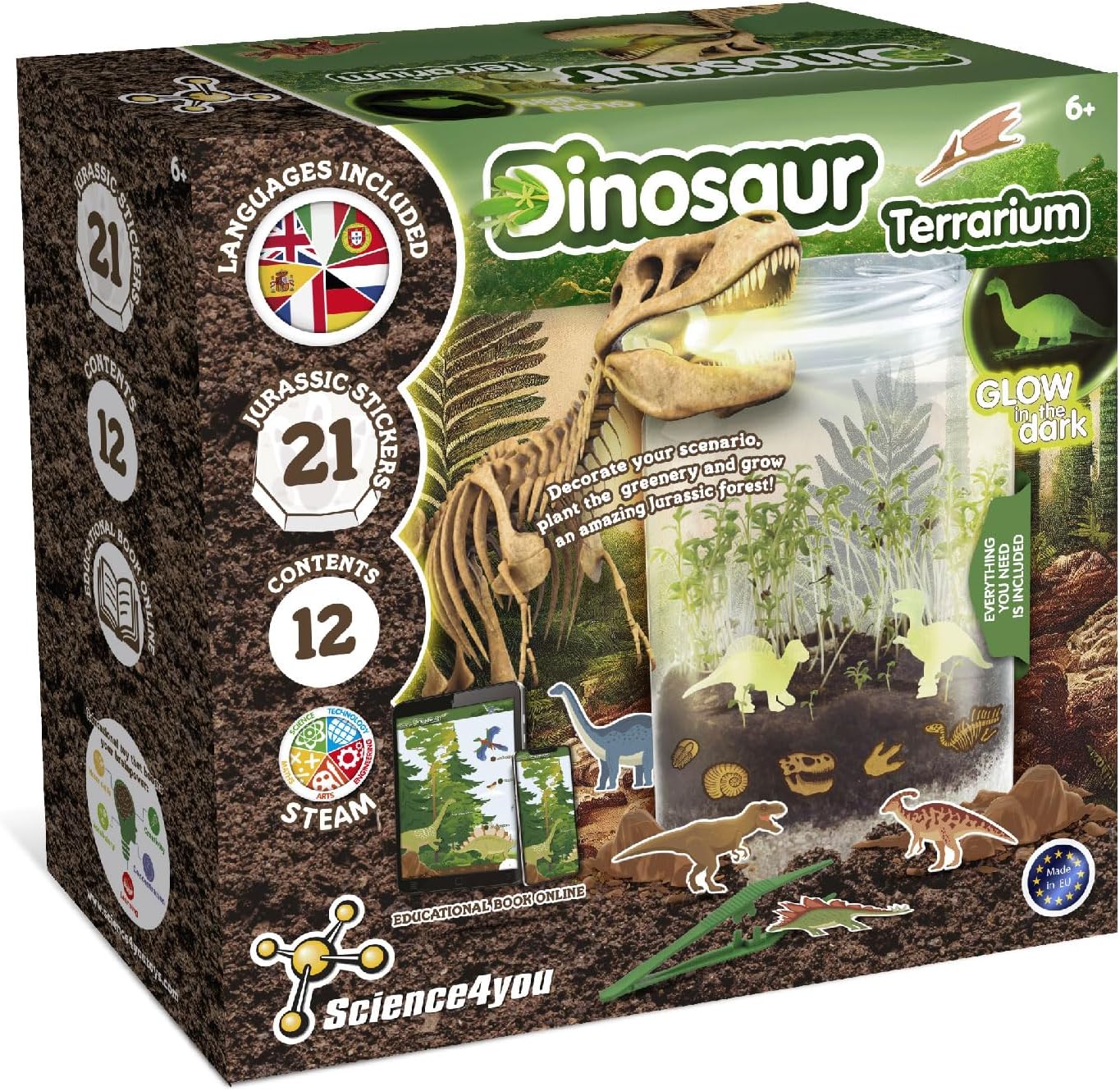 Science4you Grow and Glow Dinosaur Terrarium Kit for Kids - Make Your Own DIY Dinosaur Habitat Ecosystem, Glow in The Dark Mini Terrarium + Plant Growing Kit for Boys and Girls Ages 6 7 8 9+