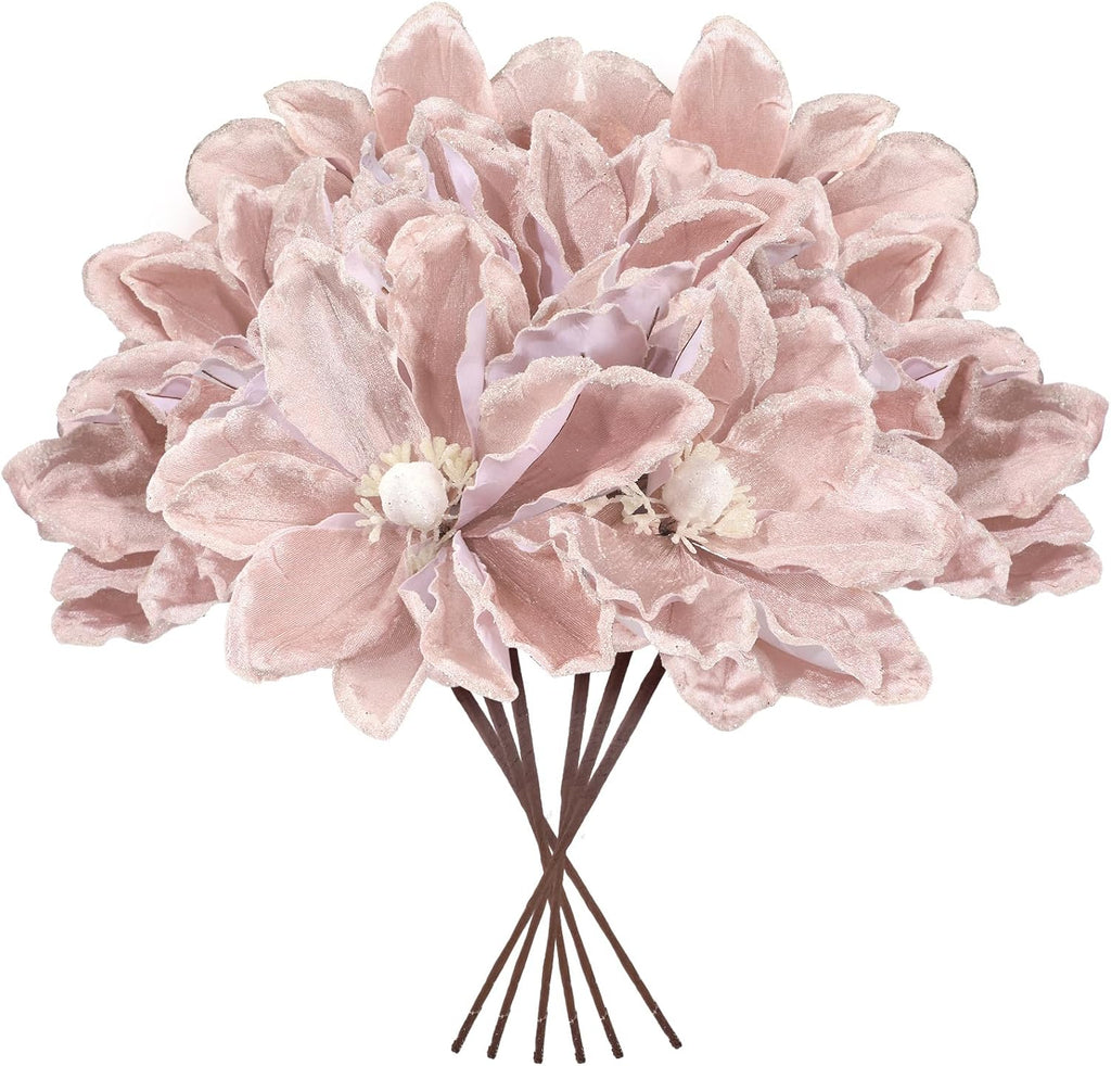8 Pcs Large Christmas Flower Magnolia Flowers Christmas Tree Decoration Artificial Poinsettia Stems Velvet Xmas Ornaments for Xmas Tree Table Decor(Pink,12 Inch)