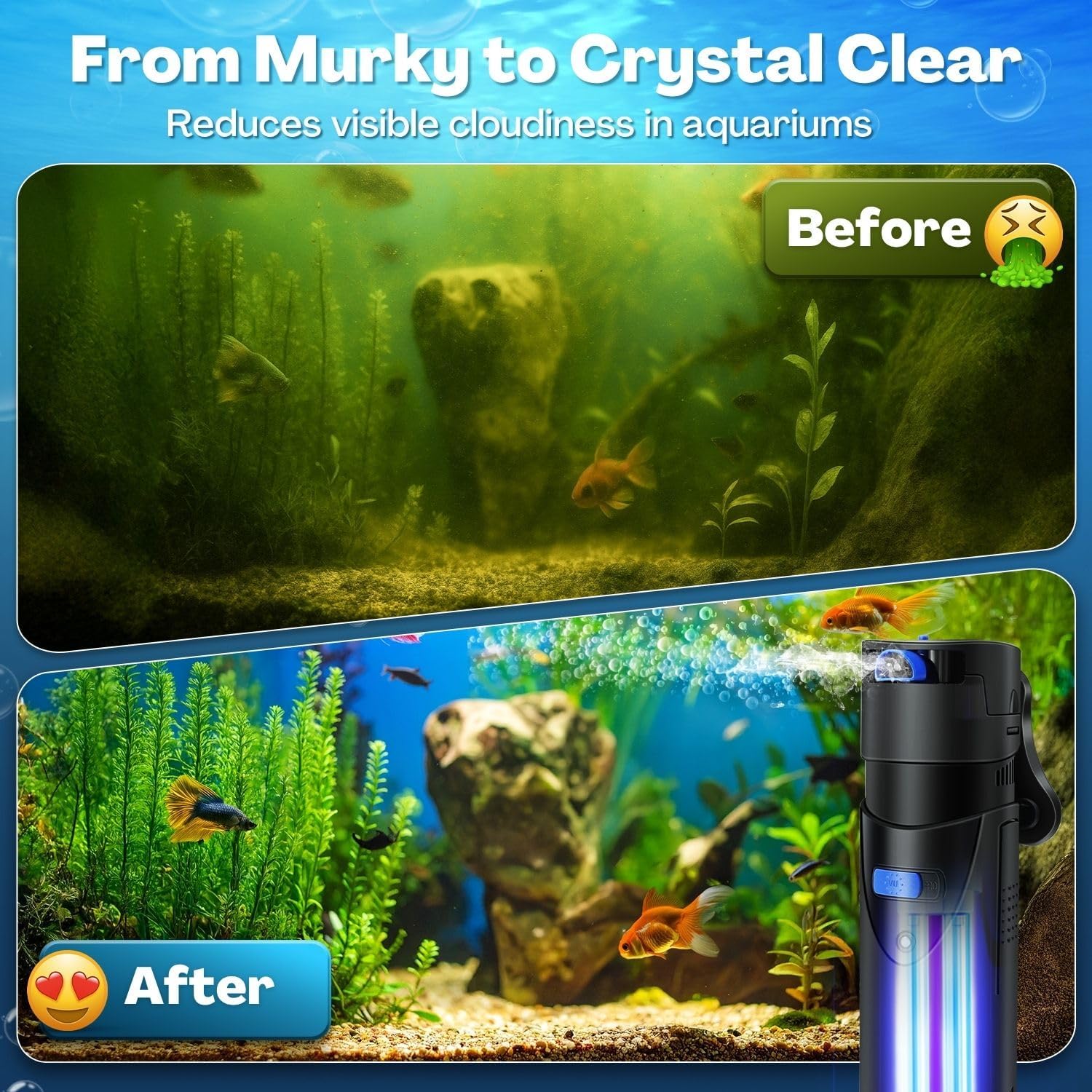 Flexzion Aquarium Filter U-V, 100 Gallon Fish Tank Filter with U-V Light for Green Control Cleaning, 200GPH Submersible Aquarium Pump for Turtle Tank, Freshwater Crystal Clear & Saltwater