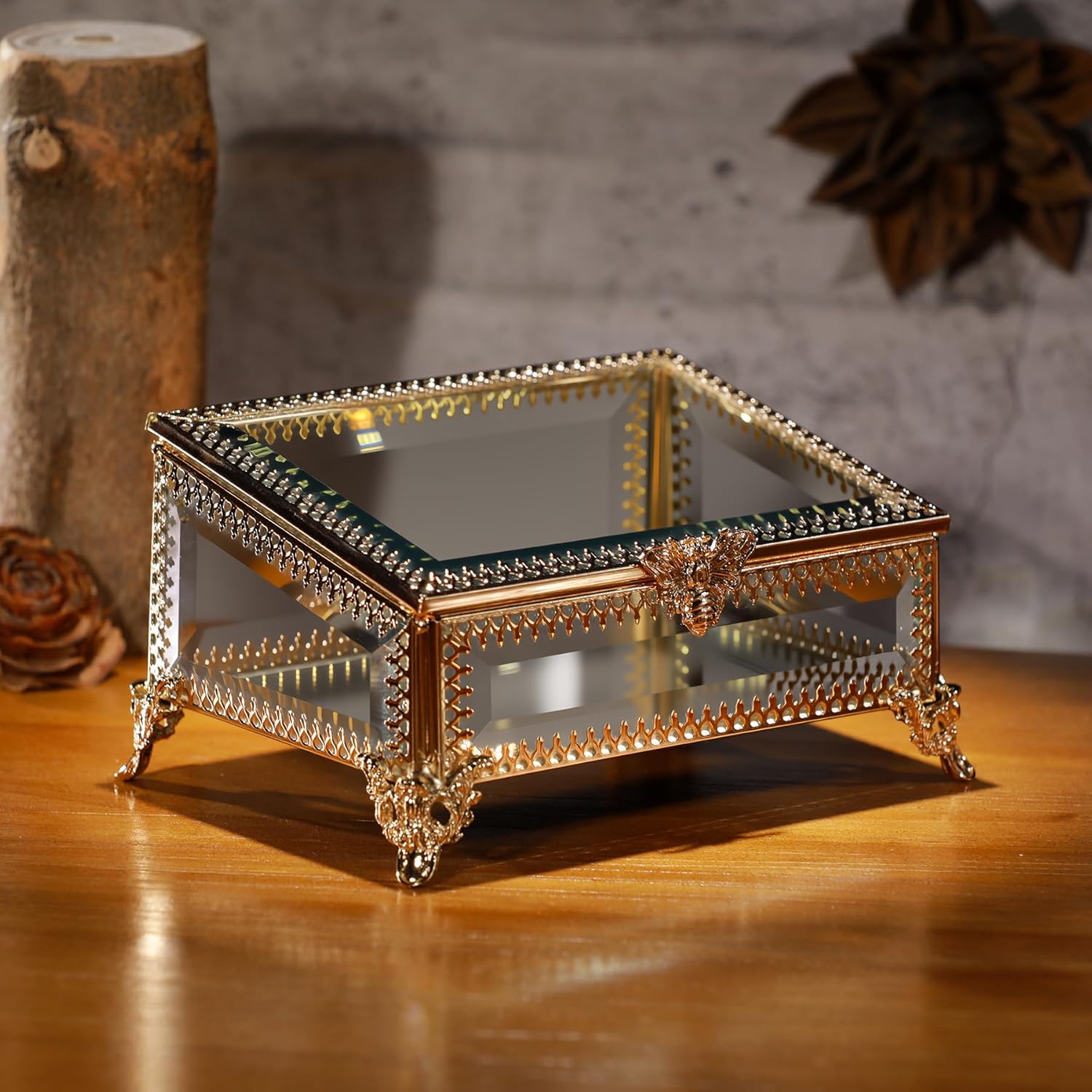 Glass Vintage Jewelry Box Keepsake storage Trinket Ring Display Box Home Decor Beveled Clear Glass Box Organizer (5.7x4.3x2.7Inches)