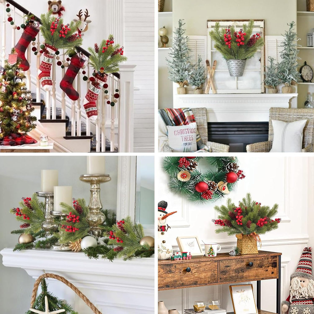 RECUTMS Artificial Pine Branches with Cones and Artificial Red Berry Stems Fake Pine Branch for Decorating Faux Branches Faux Greenery for Table Fireplace Bar Party Holiday Decor in 8 Pcs（Green）
