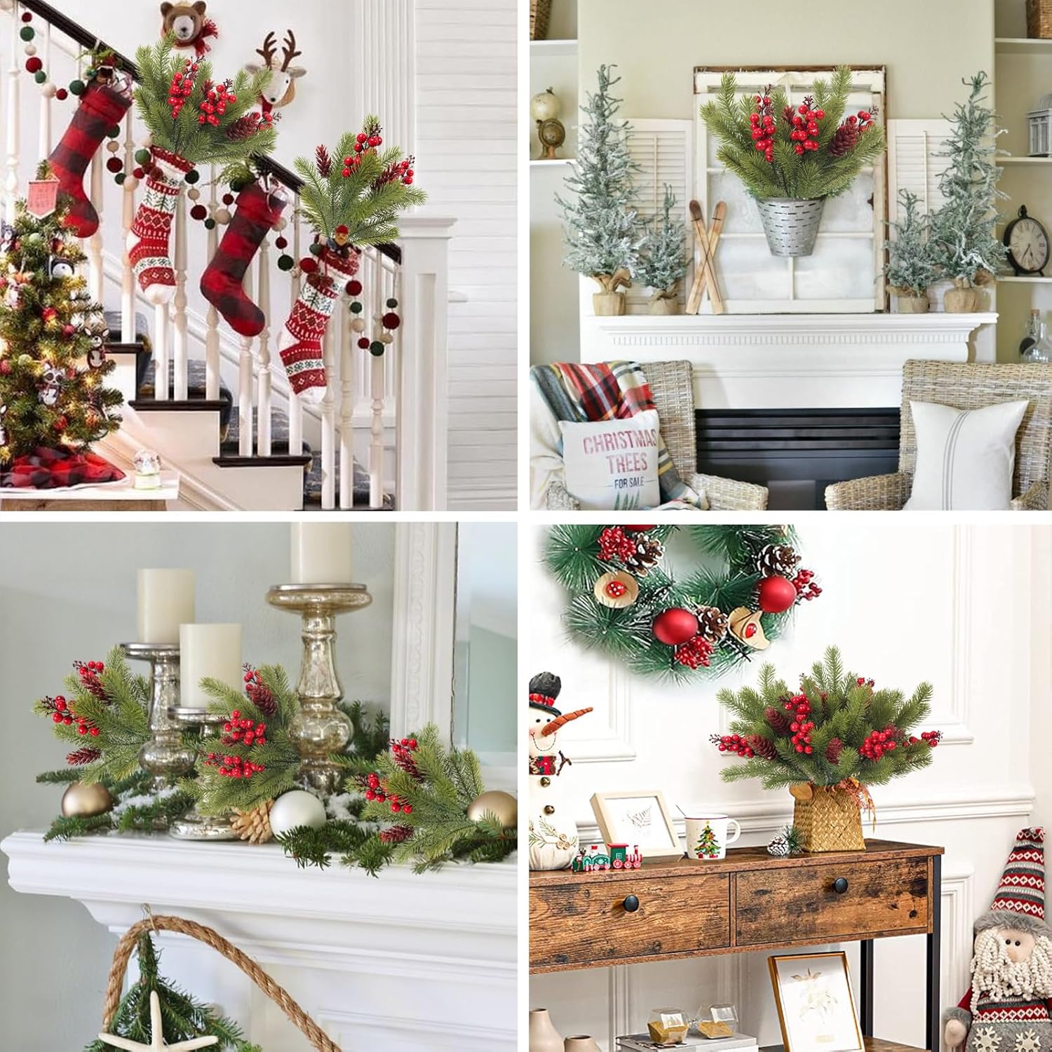 RECUTMS Artificial Pine Branches with Cones and Artificial Red Berry Stems Fake Pine Branch for Decorating Faux Branches Faux Greenery for Table Fireplace Bar Party Holiday Decor in 8 Pcs（Green）