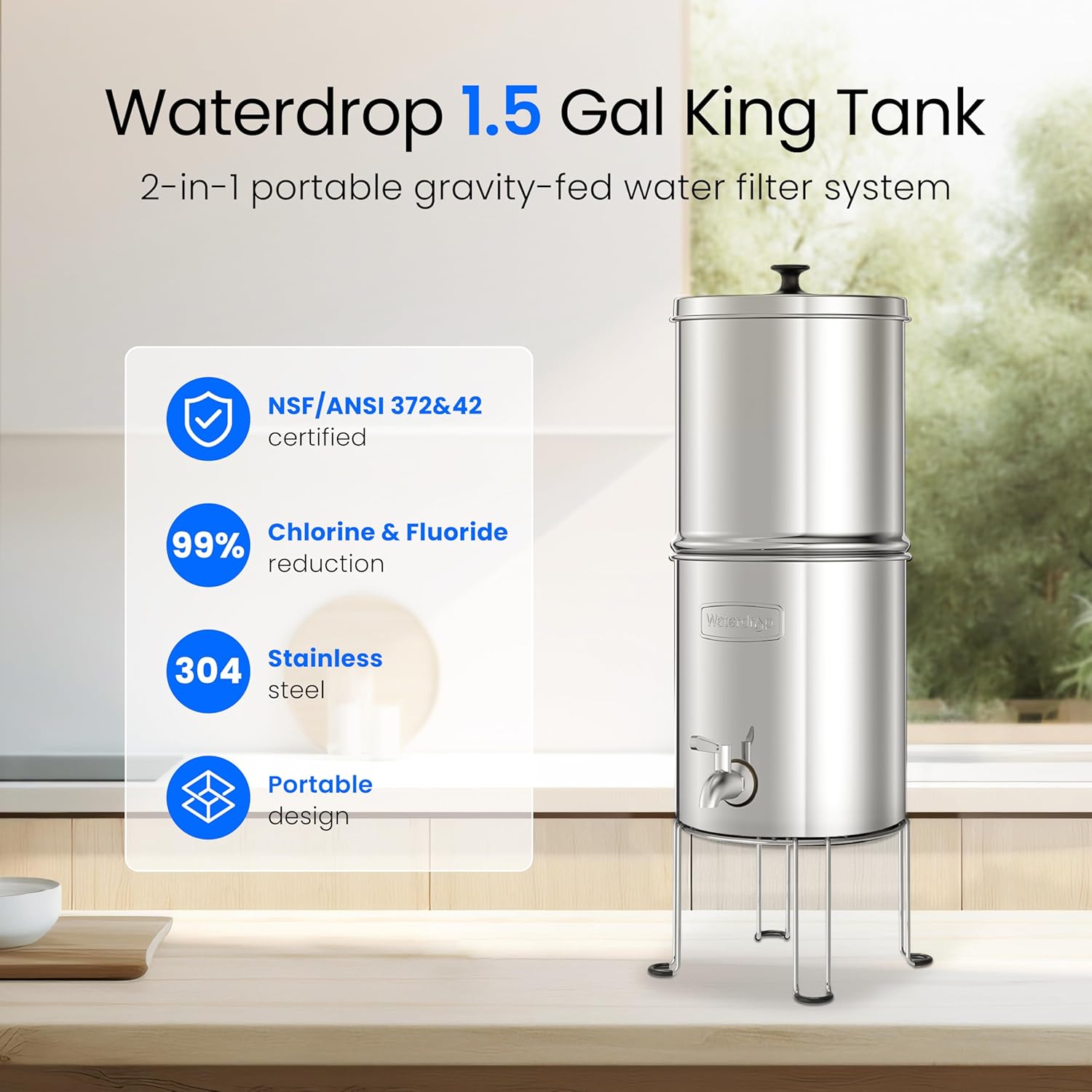 Waterdrop 1.5 Gallons Gravity-fed Water Filter System, NSF/ANSI 42&372 Standard, Stainless-Steel Travel System with 4 Filters, Metal Spigot and Stand, Reduces Up to 99% Chlorine-King Tank Series