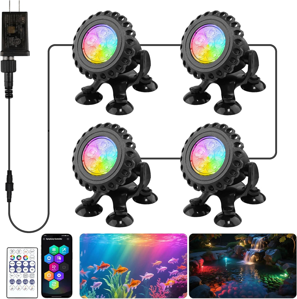 T-SUN Underwater LED Pond Lights – IP68 Waterproof Submersible Fountain Lights with App & Remote Control, 16M Colors Underwater Lighting for Koi Ponds/Garden Water Features Aquarium (4-Pack)