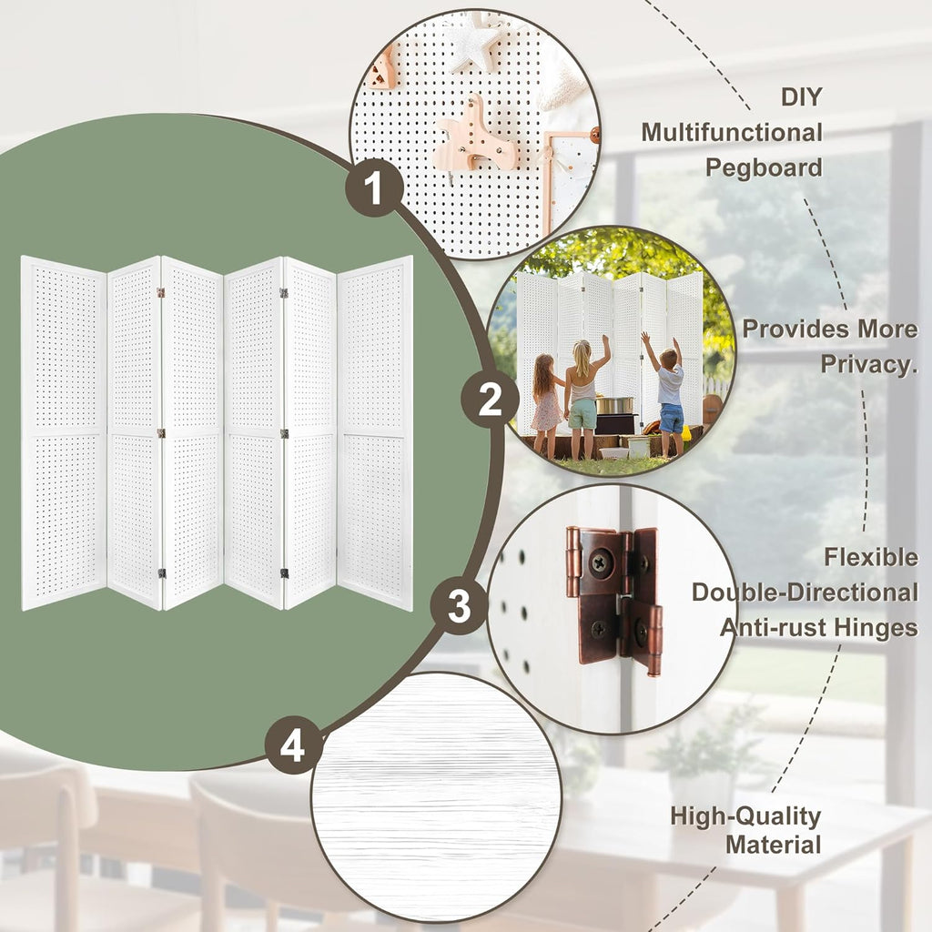 6 Panel Room Dividers 5.6FT Wall Divider with Freestanding Peg Board Display Wooden Folding Privacy Screen Foldable Partition Wall for Studio Apartment, Living Room, White