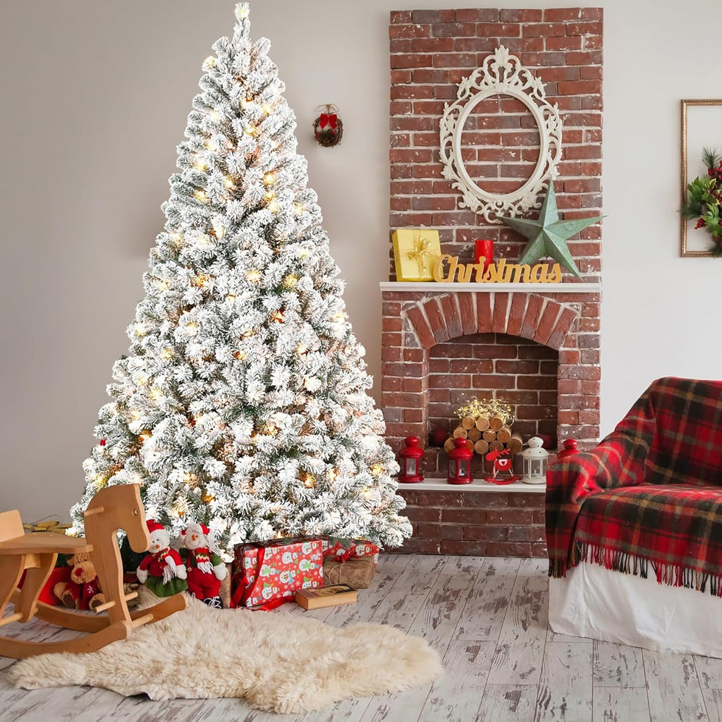 4FT Pre-Lit Flocked Christmas Tree with 100 Warm White Lights, Full White Christmas Tree with Premium PVC Branches,Realistic Snowy Look, Indoor Fake Snow Xmas Tree for Home Office Shops