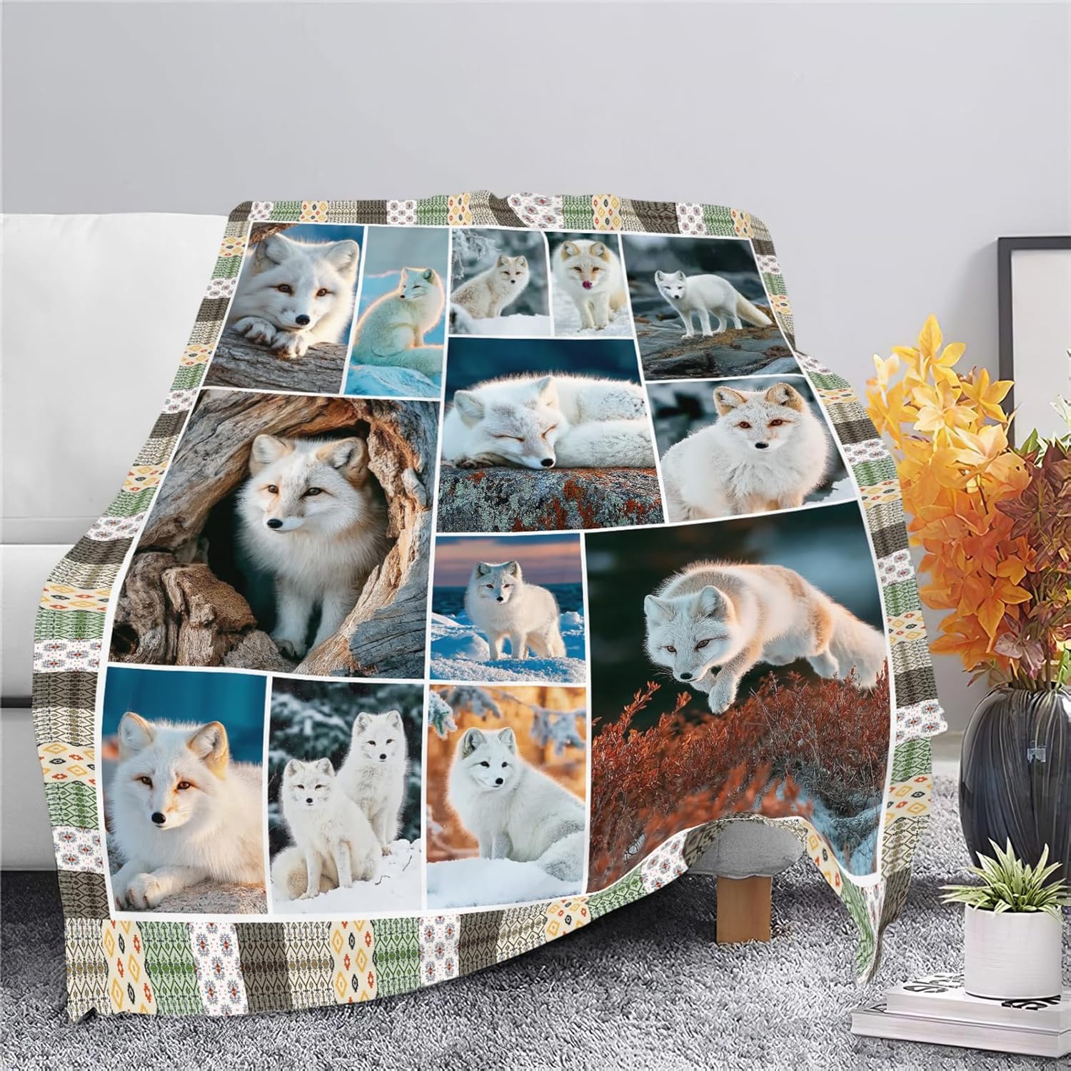 Fox Throw Blanket White Fox Stuff Gifts for Kids Girls Boys Adults Women Men Soft Cozy Warm Plush Fluffy Fuzzy Fleece Blanket Decor 50''X60''