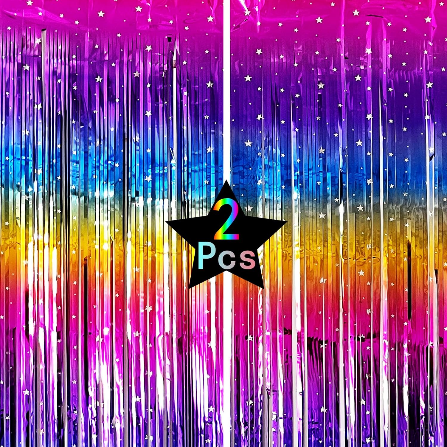 Sparkly Neon Rainbow Foil Fringe Curtain Backdrop Metallic Streamers Photo Booth Props for Birthday Bachelorette Gay Pride Day Graduation Wedding 80s 90s Disco Party Decorations- 2 Packs (3.3x6.6Ft)