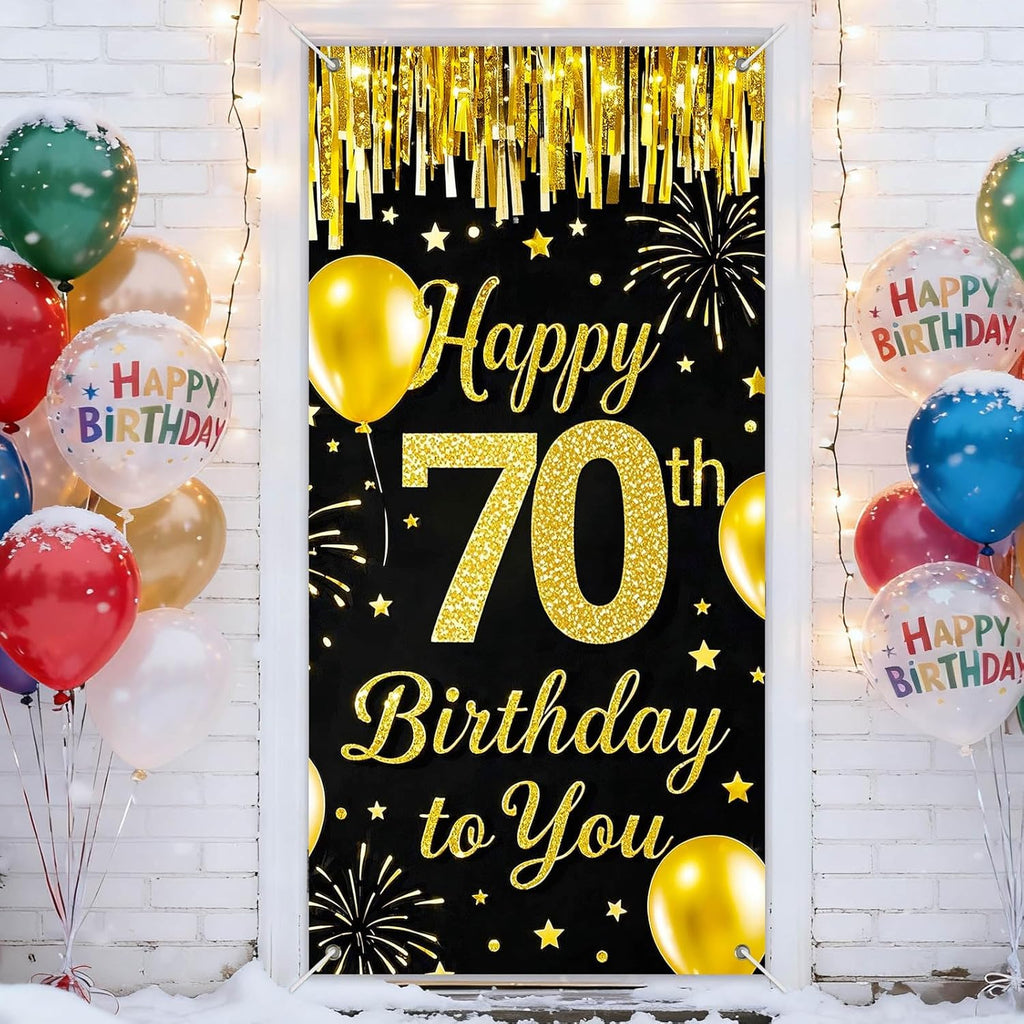 IVN 70th Birthday Door Cover 71x35 Inch Black Gold Birthday Banner for Party Decorations Balloons Stars Fireworks Backdrop Sign for Men Women Photo Booth Prop Wall Decor